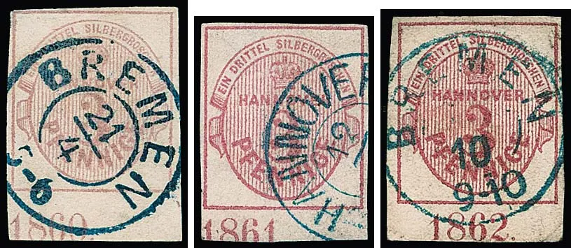3 Pfge. pink, dark pink, three used bottom margin pieces (minor defects) with the years "1860", "1861" and "1862", rare!
