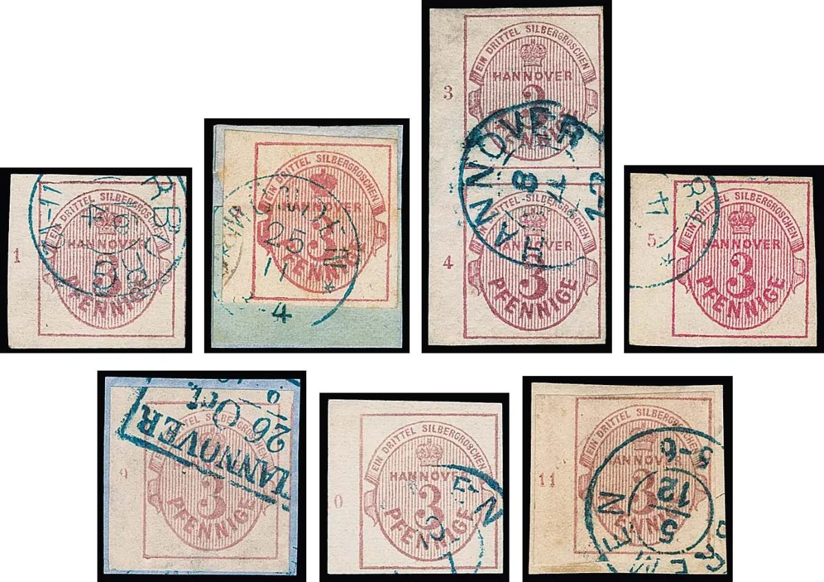 3 Pfge. pink, lilac pink, eight different left margin pieces with row numbers "1", "2", "3" and "4" in pair from Boker coll.