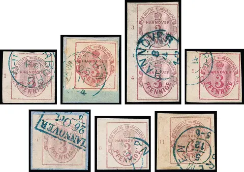 3 Pfge. růžová, lila růžová, osm různých levých okrajových kusů s čísly řad "1", "2", "3" a "4" v páru ze sbírky Boker