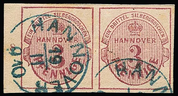3 Pfge. carmine, cabinet pair from left sheet margin with row number "8", K2 "Hannover", photo expert Berger