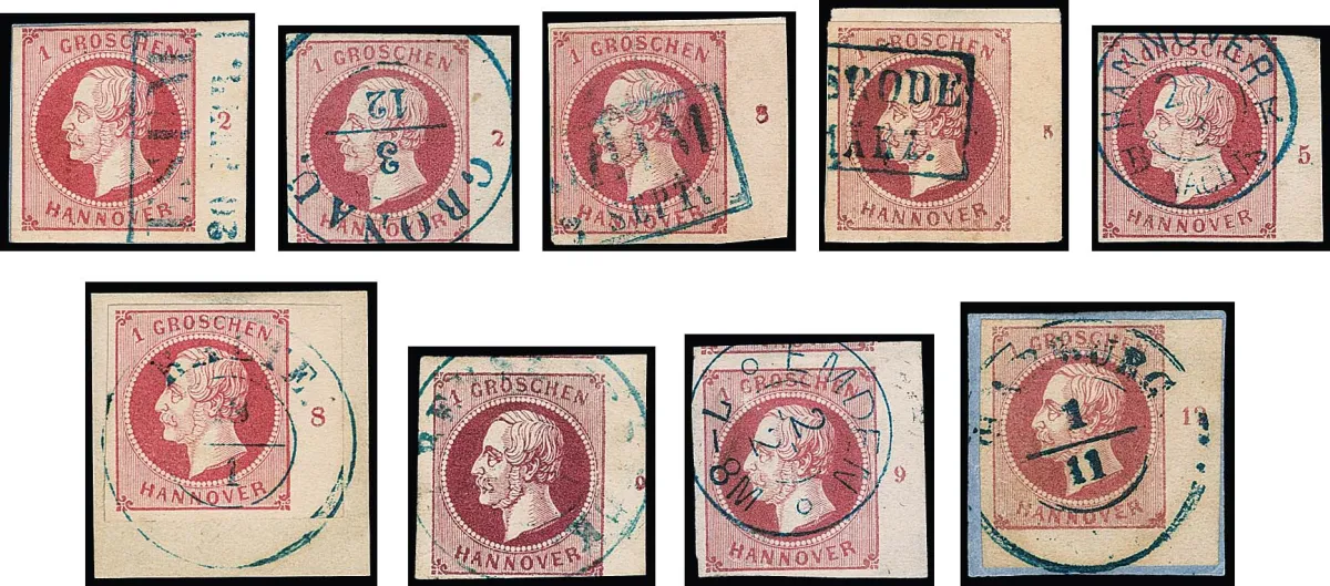 1 Gr. rose, lilas-rose, 19 différents bords droits oblitérés, les numéros de rangée "1" à "12" complets, en plus "2" dans différentes positions, "4" petit et grand, "5" petit et grand, "7" différentes positions, "8" petit et grand, "9" petit et grand, ainsi que "12" différentes positions, offre rare !