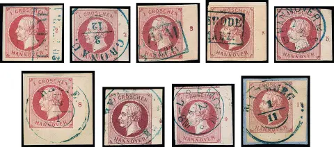 1 Gr. růžová, lila-růžová, 19 různých orazítkovaných pravých okrajových kusů, čísla řad "1" až "12" kompletní, navíc "2" v různých polohách, "4" malé a velké, "5" malé a velké, "7" různé polohy, "8" malé a velké, "9" malé a velké, stejně jako "12" různé polohy, vzácná nabídka!
