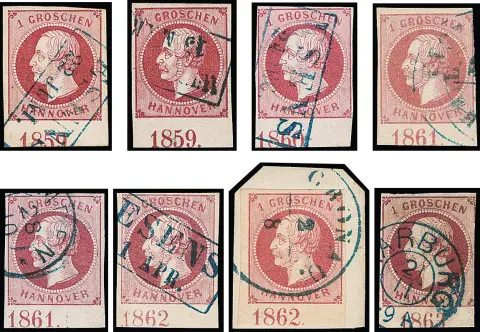1 Gr. růžová, lila-růžová, osm různých orazítkovaných spodních okrajových kusů, proměnlivá kvalita, s letopočty "1859" (pozice I a II), "1860"…