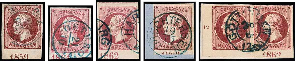 1 Gr. pink, five different used bottom margin pieces (a pair from the lower left sheet corner) with years "1859" (position II), "1861" (I),…