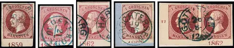 1 Gr. rose, cinq différents bas de feuille oblitérés (une paire du coin inférieur gauche) avec années "1859" (position II), "1861" (I),…