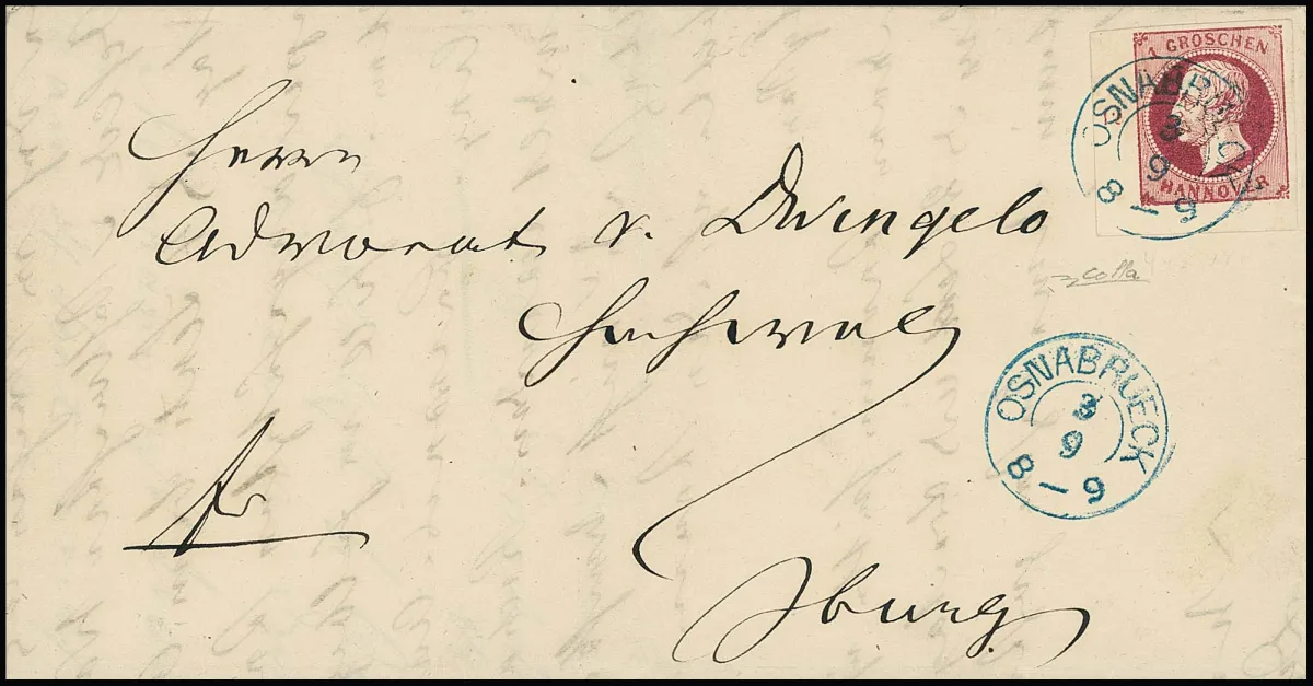 1 Gr. lilarot, linke untere Luxus-Bogenecke mit K2 "Osnabrück" auf schönem Brief, sign. Colla