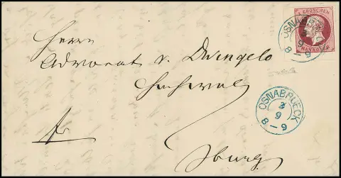 1 Gr. lilas-rouge, coin inférieur gauche de feuille de luxe avec K2 "Osnabrück" sur belle lettre, sign. Colla