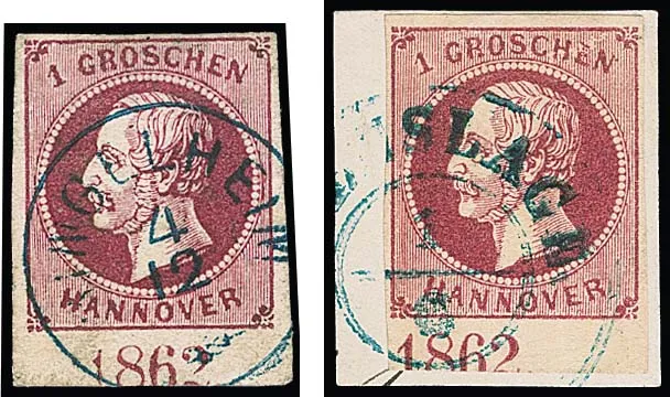 1 Gr. lilas-rose (cabinet) et rouge vin, impression grossière (petits défauts, sign. Berger), chaque bas de feuille avec années "1862" en deux positions diff.