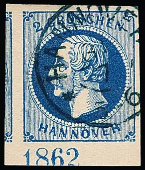 2 Gr. bleu, pièce de luxe du bas de feuille avec bordure dépassante oblitérée avec année "1862", signé Krause, Rappaporte