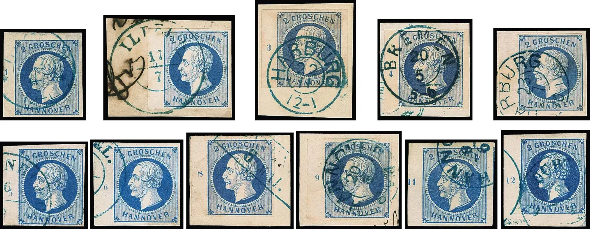 2 Gr. blue, almost complete left sheet margin strip with row numbers "1" to "12", without "7" and "10" complete, including "4" in two different positions, two photo exp. Berger