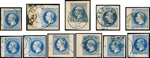 2 Gr. bleu, bande de bord de feuille gauche presque complète avec les numéros de rangée "1" à "12", sans "7" et "10" complets, dont "4" en deux positions différentes, deux exp. photo Berger