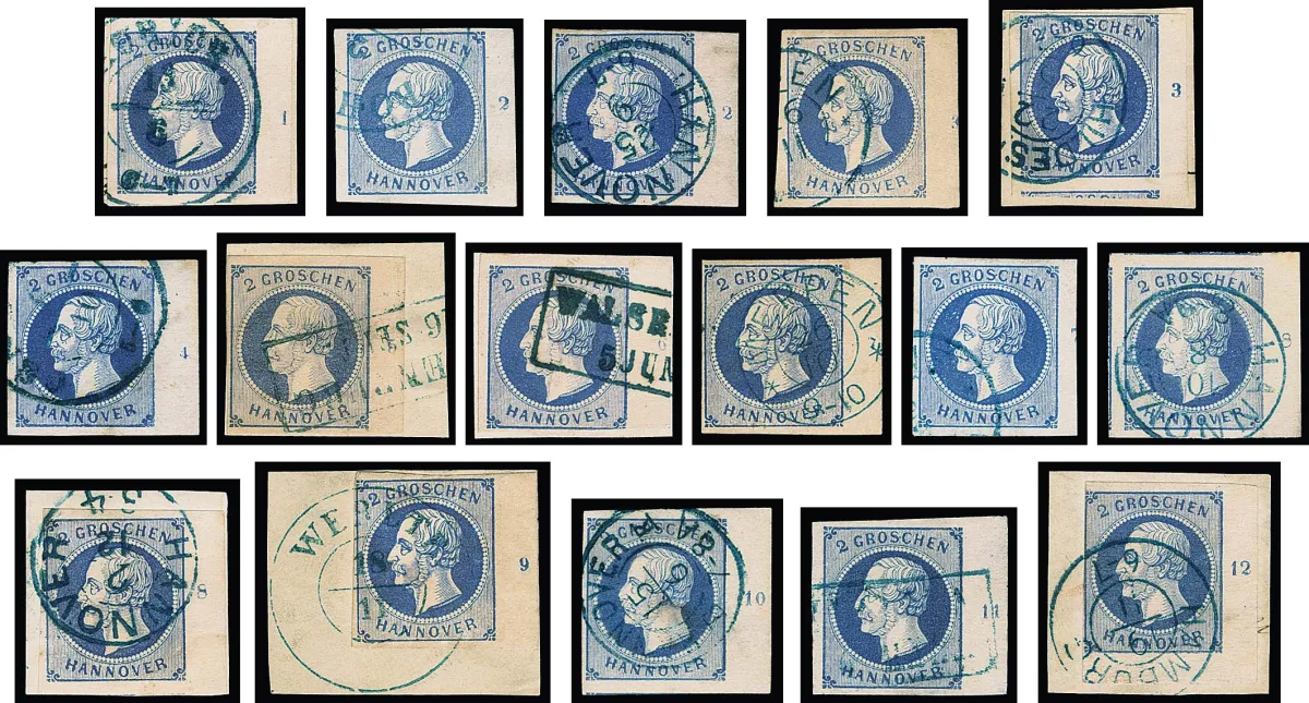2 Gr. blue, overcomplete cancelled right margin strip with row numbers "1" to "12" complete (lower right sheet corner with slight margin line cut), including "2", "3", "7" and "8" each with two different positions.