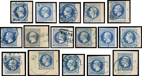 2 Gr. bleu, bande de marge droite surcomplète oblitérée avec les numéros de rangée "1" à "12" complets (coin inférieur droit de feuille avec légère coupure de ligne de marge), dont "2", "3", "7" et "8" chacun avec deux positions différentes.