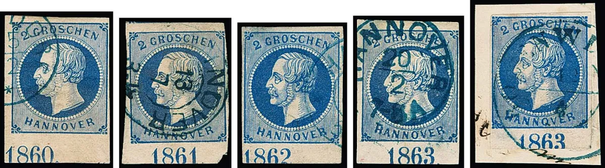 2 Gr. bleu, cinq pièces de marge inférieure oblitérées (état quelque peu variable, y compris cabinet) avec les années "1860", "1861" (position II), "1862" (I) ainsi que "1863" (II et III), offre rare !