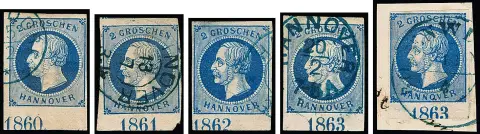 2 Gr. bleu, cinq pièces de marge inférieure oblitérées (état quelque peu variable, y compris cabinet) avec les années "1860", "1861" (position II), "1862" (I) ainsi que "1863" (II et III), offre rare !