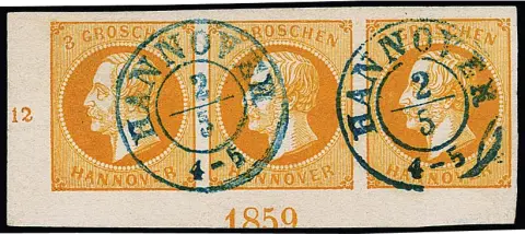 3 Gr. orange en bande de trois de luxe à grandes marges du coin inférieur gauche de feuille avec K2 "Hannover" et en bas année "1859" (position II), sous…