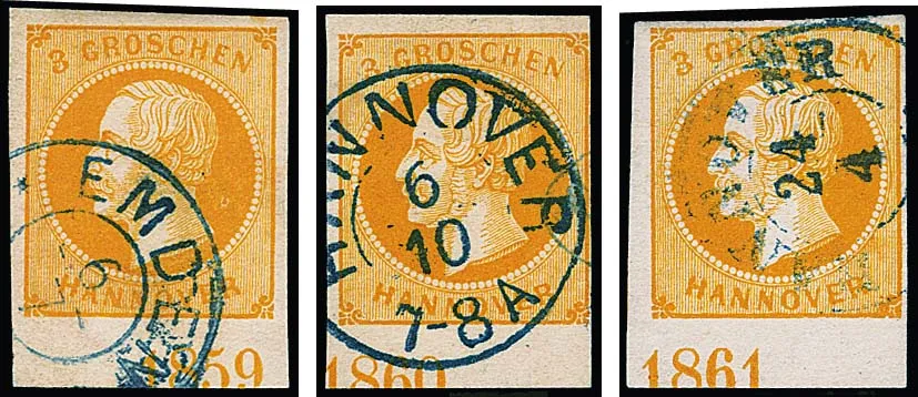 3 Gr. orange, three used bottom margin pieces with the years "1859" (position I, flawless) as well as "1860" (photo certificate Jäschke-L.) and "1861" (small flaw)