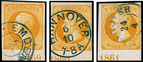 3 Gr. orange, trois pièces de bord inférieur oblitérées avec les années "1859" (position I, impeccable) ainsi que "1860" (photo-expertise Jäschke-L.) et "1861" (petite faute)