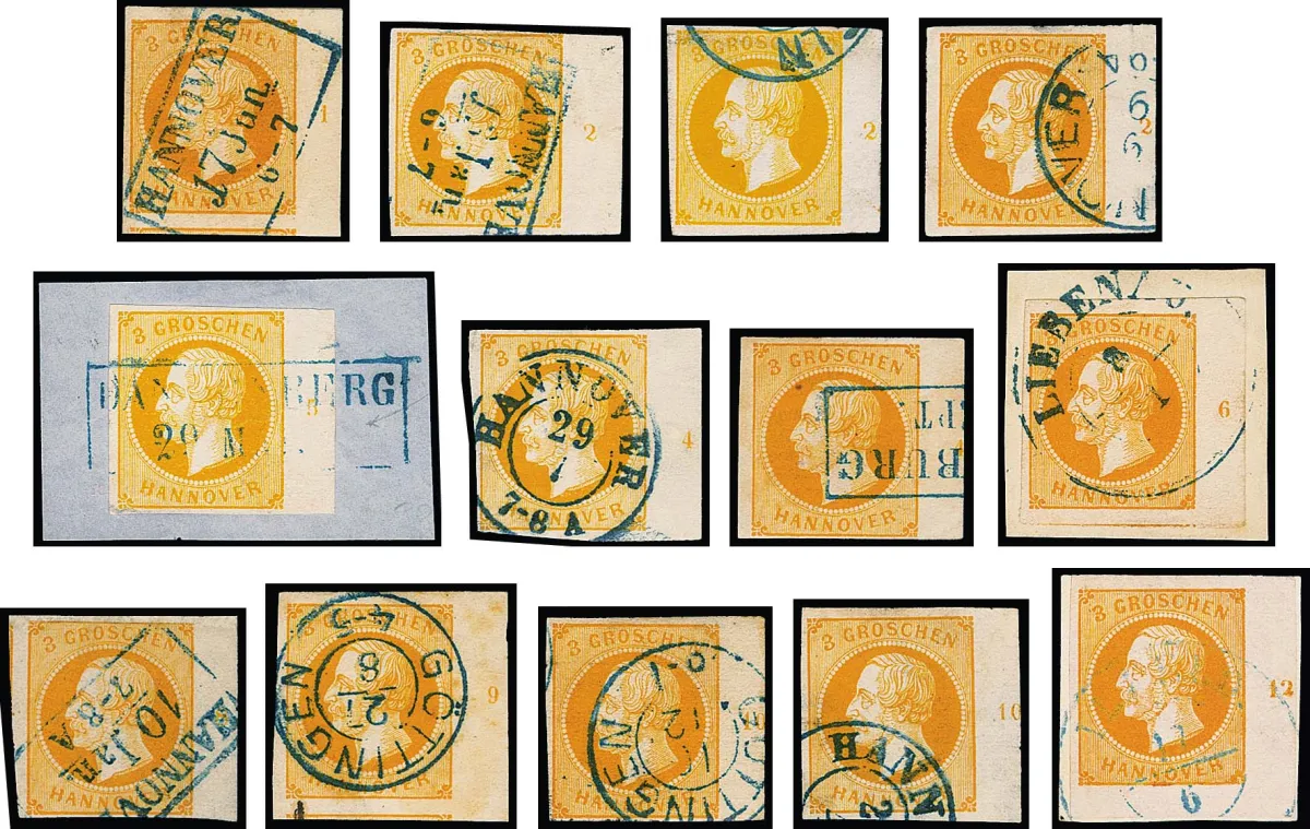3 Gr. jaune à orange foncé, bande de bord de feuille presque complète avec numéros de rangée "1", "2" (3, positions diff.), "4" (2), "5", "6", "8", "9", "10" (deux diff.) et "12" (coin inférieur droit), 13 bords, 2 exp. photo Berger