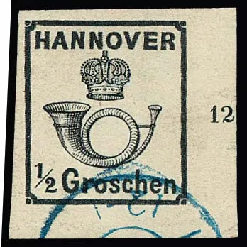 1/2 Gr. schwarz, Luxusstück aus der rechten unteren Bogenecke mit Reihenzahl "12", fast "bildfreier" K2 von Hildesheim, als Ecke selten! Sign. Bühler,…