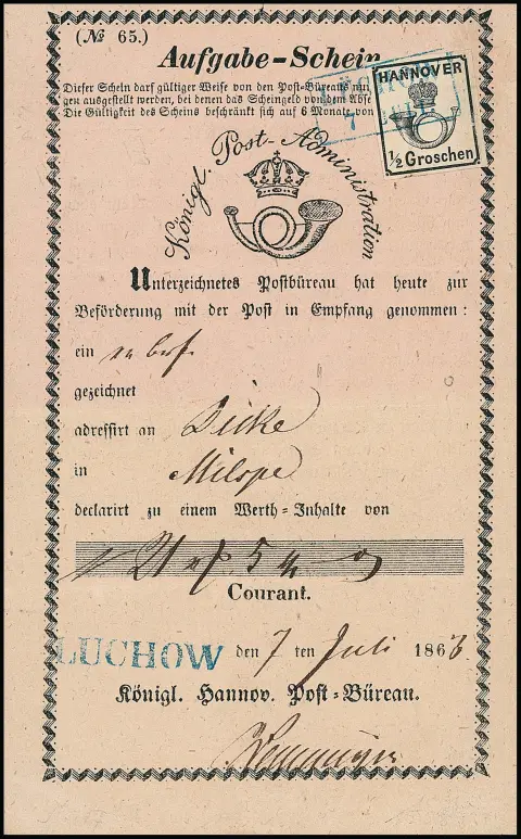 1/2 Gr. noir, marges pleines à larges, usage rare sur bulletin de dépôt rose avec Ra2 "Lüchow" 1863, peu de formulaires affranchis connus !