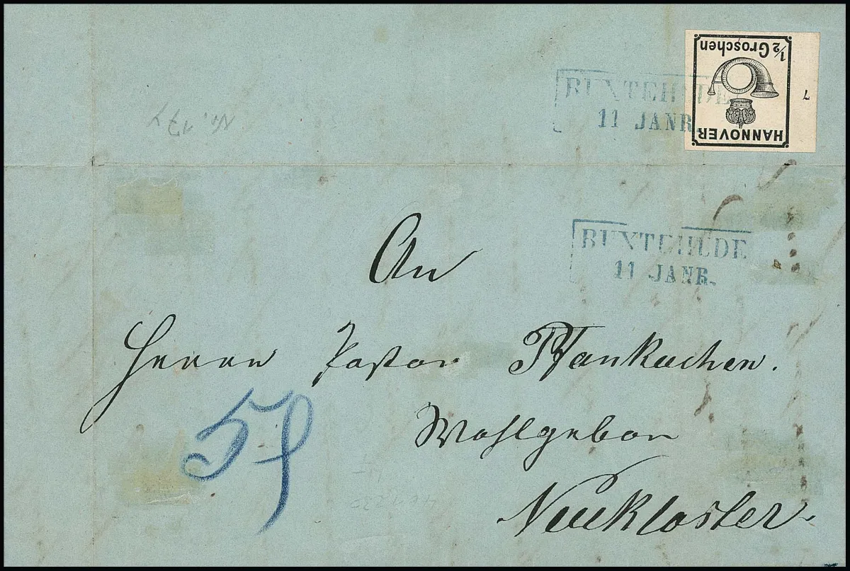 1/2 Gr. black, white gum, cabinet piece from left sheet margin with row number "7", unusually mounted on reverse, with Ra2 "Buxtehude" on franked letter with contents 1861 to Neukloster letter collection. Letter reverse with hinge remnants (no fault). Only registered letter to this collection so far. Attest Jäschke-L.