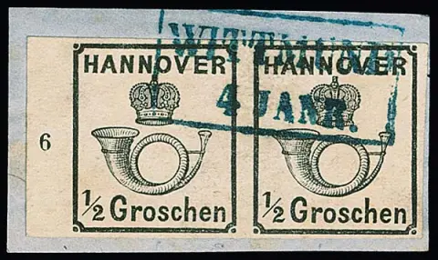1/2 Gr. noir, gomme blanche, paire rare du bord gauche de feuille avec numéro de rangée "6" sur fragment de lettre de cabinet avec Ra2 "Wittmund" (le coin inférieur droit était, probablement pour vérifier la gomme, détaché). Sign. Bühler entre autres et photo-exp. Berger
