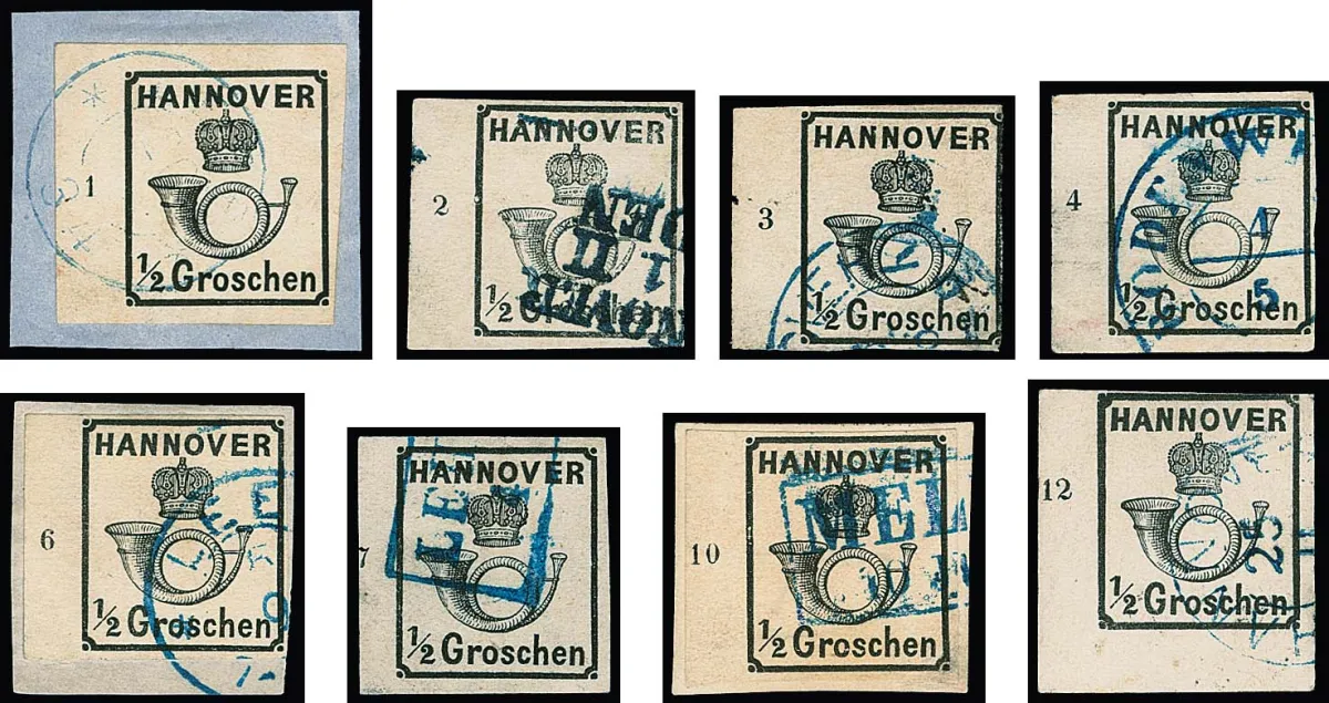 1/2 Gr. schwarz, weißer Gummi, acht verschiedene linke Randstücke mit den Reihenzahlen "1" bis "4", "6", "7", "10" und "12", dabei beide Bogenecken tadellos…