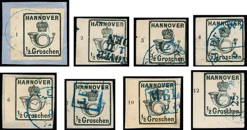 1/2 Gr. noir, gomme blanche, huit différents morceaux de marge gauche avec les numéros de rangée "1" à "4", "6", "7", "10" et "12", dont les deux coins de feuille impeccables (coin inférieur gauche sign. Brettl), une photo-exp. Jäschke-L., une offre si rare !