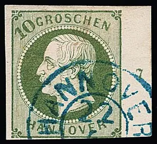 10 Gr. vert, très frais morceau de marge droit avec numéro de rangée "7", K2 "Hannover", la plupart pleine à large marge, en bas à droite légèrement coupé à la ligne de marge. Les morceaux de marge oblitérés de ce timbre sont rares