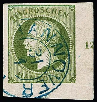 10 Gr. green, despite a supplemented top margin, very rare used lower right sheet corner of this stamp with row number "12", K2 "Hannover", sign. Berger, Brettl