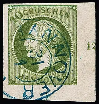 10 Gr. vert, malgré un bord supérieur complété, coin inférieur droit de feuille oblitéré très rare de ce timbre avec numéro de rangée "12", K2 "Hannover", sign. Berger, Brettl