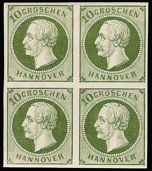 10 Gr. groen, ongebruikt luxe blok van vier, rechteronderzegel postfris, certificaat Berger. Mi. voor geplakt blok van vier 1700,- +