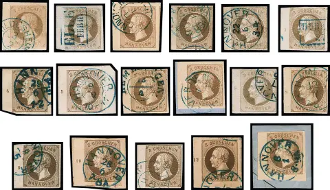 3 Gr. (brun) clair, bande de bord de feuille gauche oblitérée surcomplète avec les numéros de rangée "1" à "12" complets, dont "1", "3", "5", "8" et "12" (deux coins de feuille, un signé Berger) chacun deux positions différentes, offre rare!