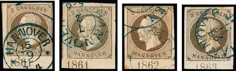 3 Gr. brun clair (3) et une fois brun gris (expertise photo Berger), quatre pièces de bord inférieur oblitérées avec années "1861" (deux positions différentes), "1862" et "1863", deux valeurs avec défauts minimes.
