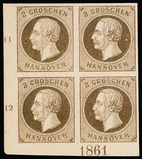 3 Gr. brun gris en bloc de quatre de luxe du coin inférieur gauche avec année "1861", la paire supérieure non oblitérée, rare sous cette forme ! Certificat Jäschke-L.