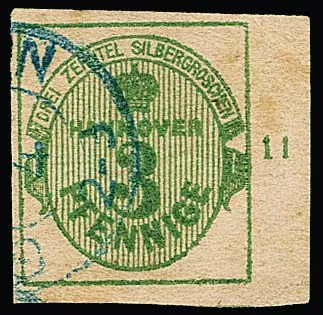 3 Pfge. vert, pièce de cabinet avec large bord droit de feuille, numéro de rangée "11", K2 de Göttingen, certificat Berger. Mi. 1200,- +