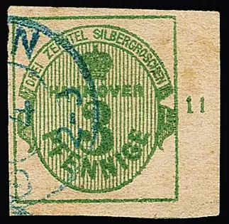 3 Pfge. vert, pièce de cabinet avec large bord droit de feuille, numéro de rangée "11", K2 de Göttingen, certificat Berger. Mi. 1200,- +
