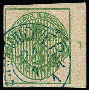3 Pfge. vert, pièce de cabinet avec large bord droit de feuille, numéro de rangée "7", K2 de Hannover, ex Boker. Mi. 1200,- +