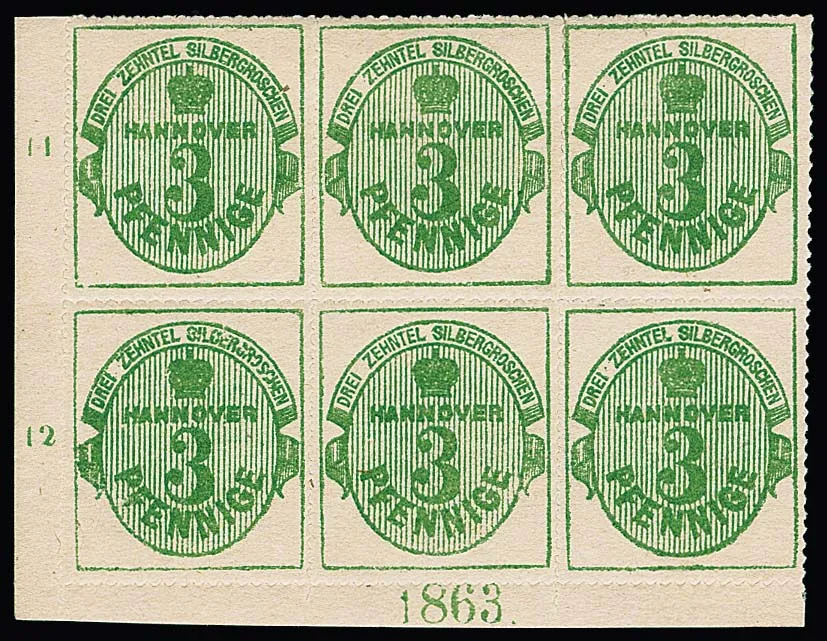 3 Pfge. grün, rosa Gummierung, im Luxus-Sechserblock aus der linken unteren Bogenecke mit Jahreszahl "1863", dabei das Bogeneckenpaar mit Jahreszahl…