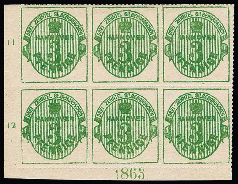 3 Pfge. vert, gomme rose, en bloc de six de luxe du coin inférieur gauche avec année "1863", la paire de coin avec année non oblitérée ! Une unité rare et décorative de la collection Boker, certificat Berger