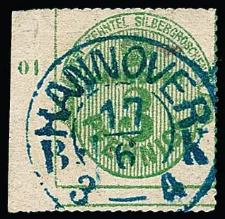 3 Pfge. vert, gomme blanche, oblitéré du bord gauche de feuille avec rare numéro de rangée erroné "01" (au lieu de "10") et dentelure pratiquement absente à gauche, signé Engel, Pfenninger