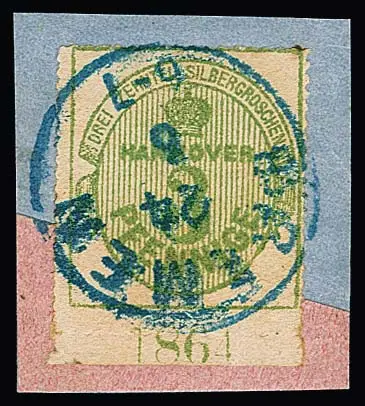 3 Pfge. vert, gomme blanche, du bord inférieur avec année complète "1864" sur superbe fragment de lettre (en haut une languette de dentelure teintée, sans importance) avec K1 "Bremen"