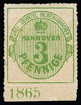 3 Pfge. groen op dun satijnpapier, ongebruikt ondermarge stuk met jaartal "1865" in positie II, gesigneerd Engel, zeldzaam!