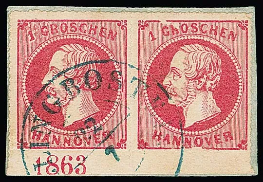 1 Gr. pink in bottom margin pair on cabinet letter piece with K2 "Fallingbostel", left with year "1863", right stamp with clear plate flaw "Ausbruch oben…