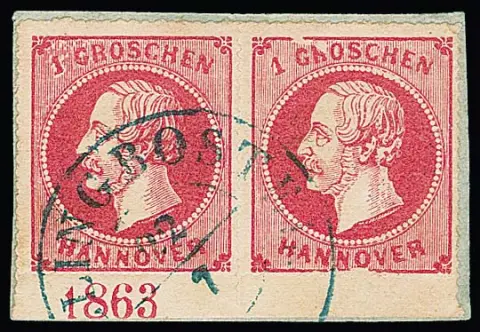 1 Gr. rose en paire avec bord inférieur sur fragment de lettre de cabinet avec K2 "Fallingbostel", à gauche avec année "1863", timbre de droite avec défaut de plaque évident "Ausbruch oben…