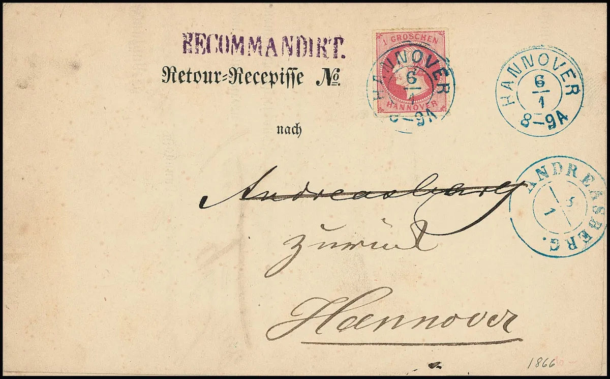 1 Gr. pink on cabinet return receipt with K2 "Hannover", 6.1.1866, to Andreasberg, and from there back with K2 of 8.1., ex Boker