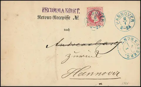 1 Gr. rose sur récépissé de retour de cabinet avec K2 "Hannover", 6.1.1866, vers Andreasberg, et de là retour avec K2 du 8.1., ex Boker