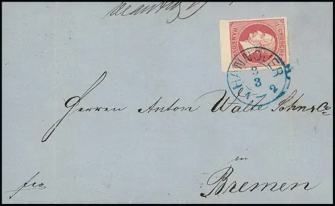 1 Gr. rose, pièce de bord inférieur impeccable sur lettre pliée deux fois à l'extérieur avec K2 "Hannover" du 3.3.1864. Il s'agit de la plus ancienne utilisation connue…