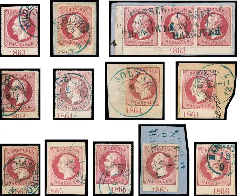 1 Gr. rose, 12 différentes pièces de bord inférieur (une bande de trois du coin inférieur gauche) avec toutes des années différentes (!) en souvent bon, un peu…